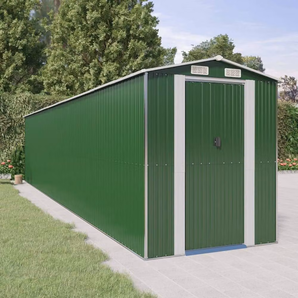 Berkfield Home Green Galvanised Steel Garden Shed with Sliding Gable Doors, W/D/H: 938 x 192 x 223 cm – 2