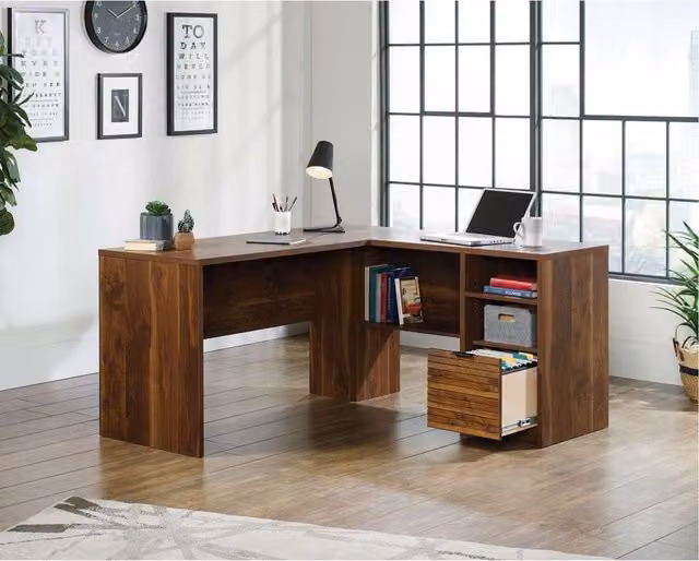 Teknik Mid Century Brown Wood Corner Desk with Cable Management