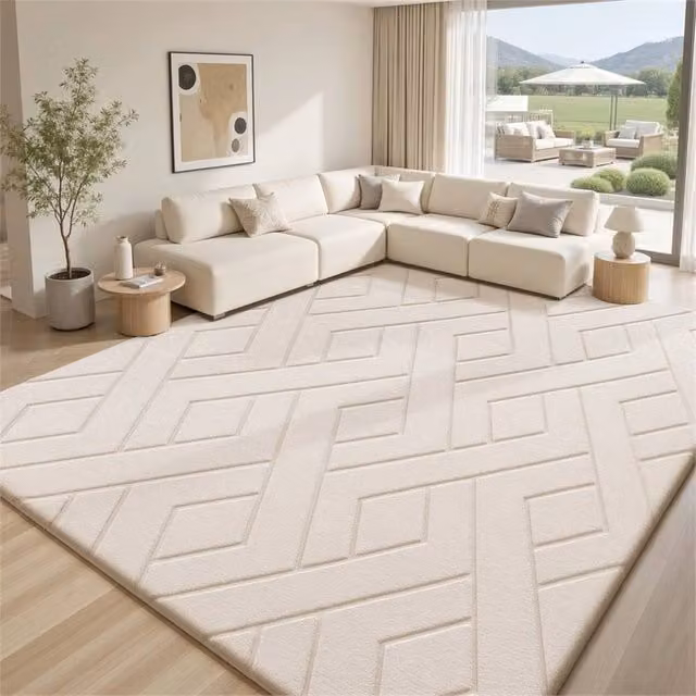 FORGEVIO Cream Geometric Extra Large Area Rug, Non-Slip Polypropylene Rectangular Rug for Living Room or Bedroom, W: 140 cm, D: 200 cm