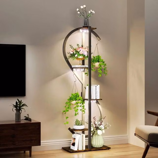 EONLION Metal Indoor Plant Stand with Grow Lights in Brown