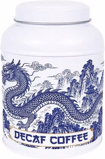 Purely Home Dragon Temple Decaf Coffee Canister, Small Metal Kitchen Storage Tin in Blue and White