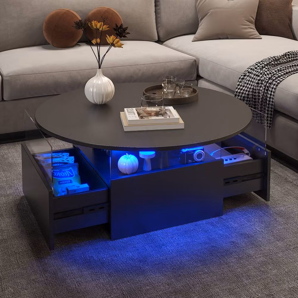 KEEPREAPER Modern Round Coffee Table with Storage and LED in Black – 3
