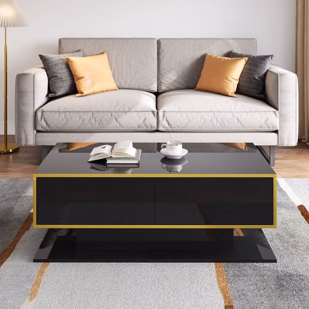 Rolipo Black High-Gloss LED Coffee Table with 3 Drawers and Gold Accents – 3