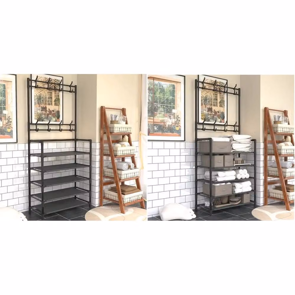 VOGREX 5-Tier Space-Saving Shoe Rack with Coat Hooks in Matt Black – 4