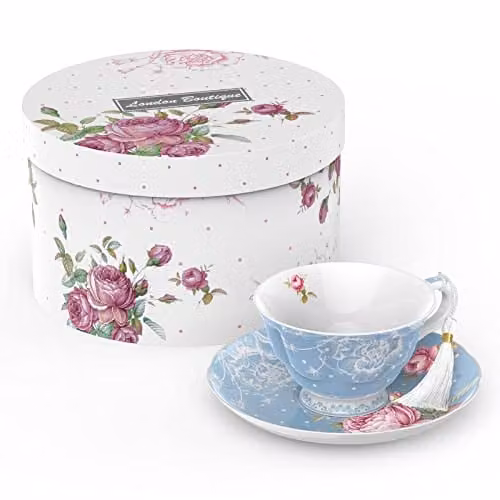 London Boutique Blue and White Floral Tea Cup and Saucer Set in New Bone China