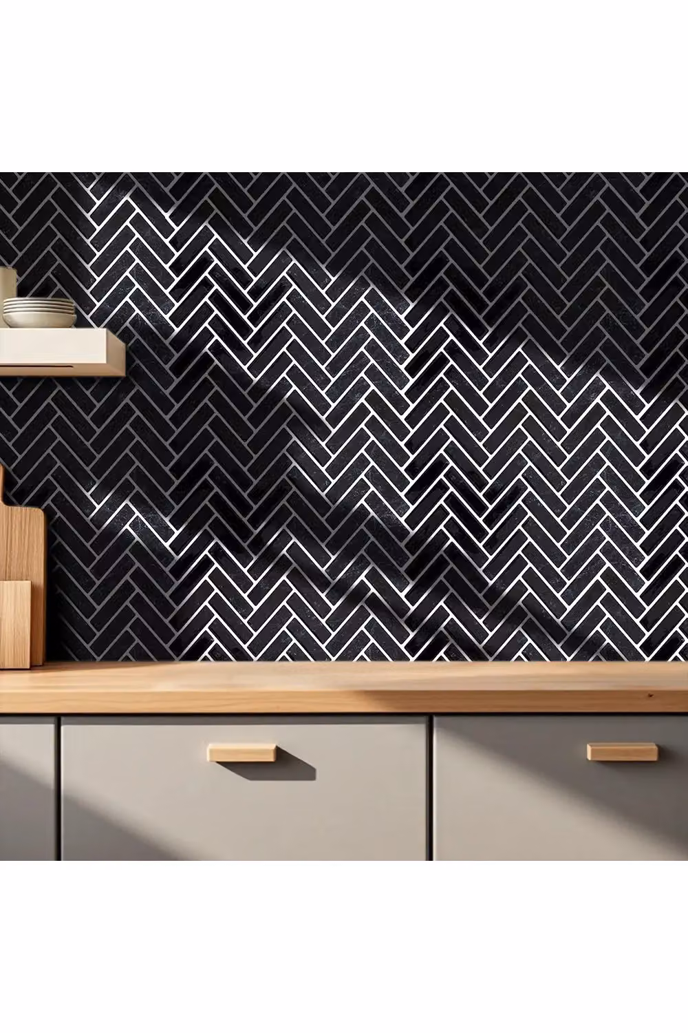 Living and Home 10Pcs Self-Adhesive 3D Herringbone Tile Look Wall Stickers, Black – 2