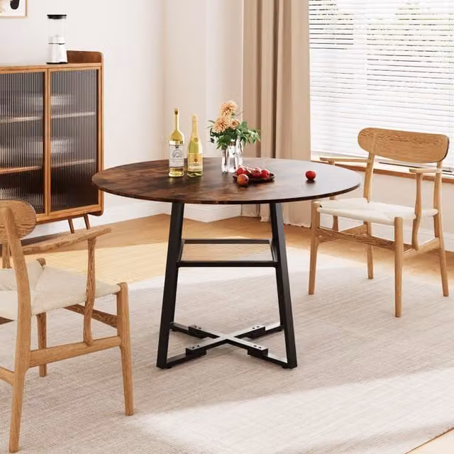 Livingandhome Industrial Round Wood and Metal Dining Table in Brown and Black
