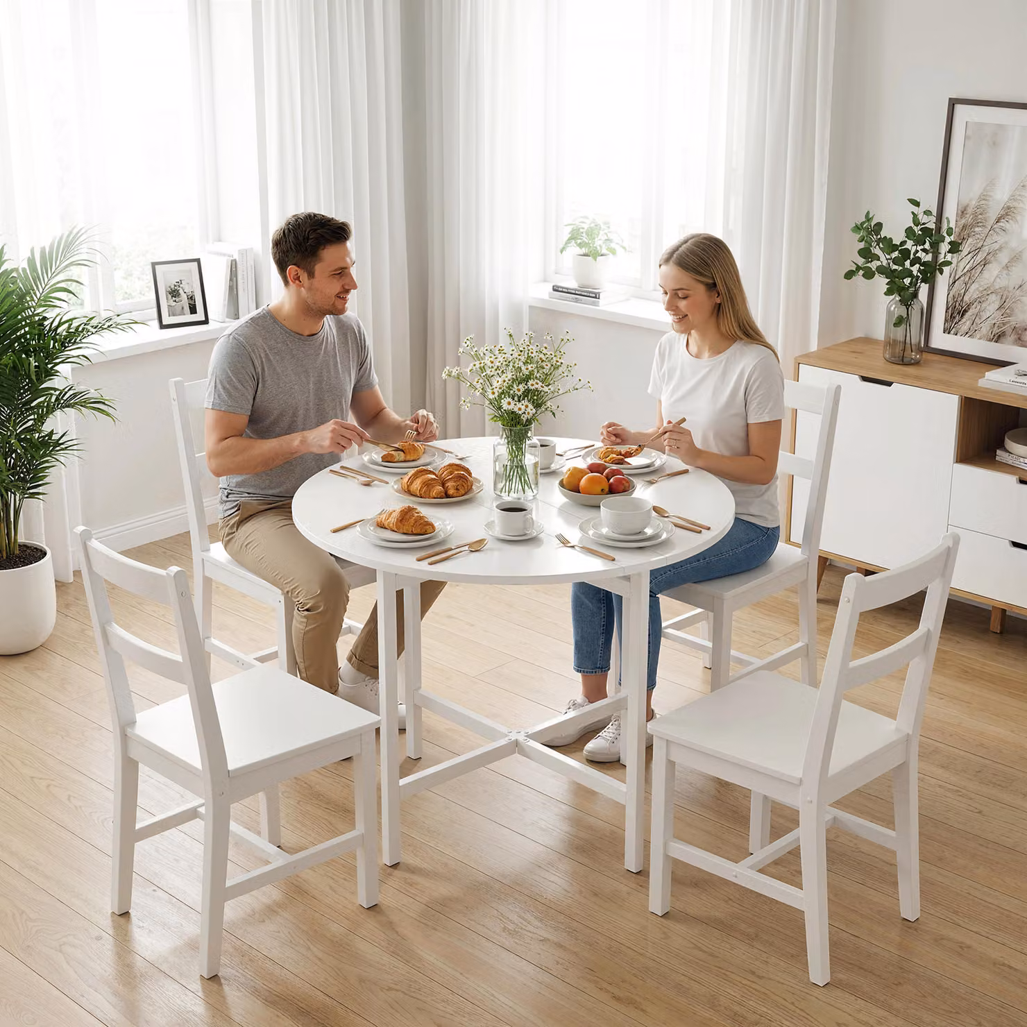 HOMCOM White Collapsible Drop Leaf Dining Table with Steel Frame and Butterfly Leaf Extension – 2