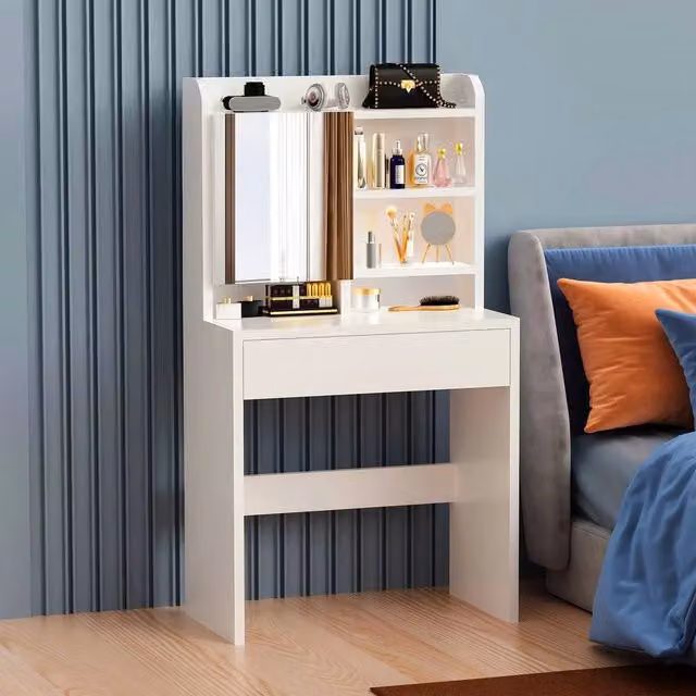 SPETLEK Modern White Dressing Table with Mirror, 7 Shelves and 1 Large Drawer, W/D/H: 70 x 135 x 0 cm – 1
