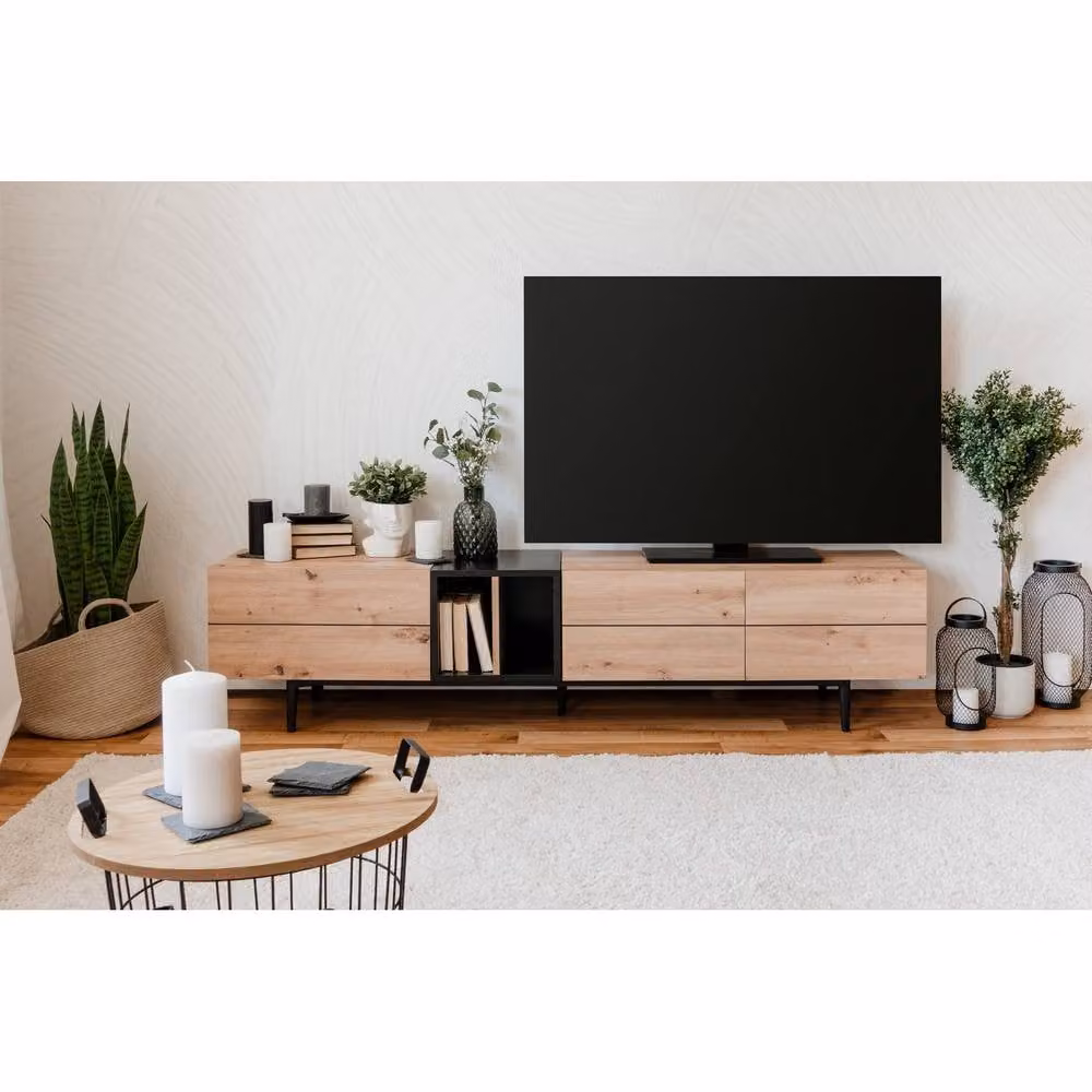 CALICOSY Nola TV Unit with 3 Doors and 2 Niches in Light Brown, W: 195 cm, H: 48 cm, D: 37 cm – 2