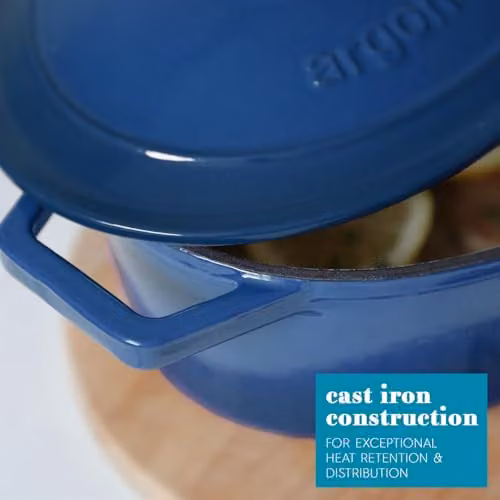 Argon Tableware Oval Enamelled Cast Iron Casserole Dish with Self-Basting Lid, Blue, 4.68L – 3