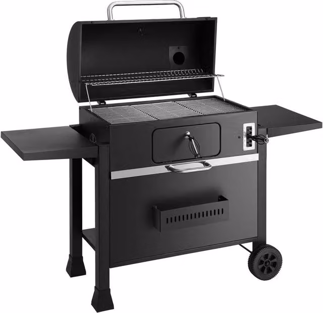 VOGREX Charcoal BBQ Grill with Extra Smoker, Adjustable Ash Tray and Thermometer in Black, W/D/H: 152.0 x 104.5 x 63.0 cm
