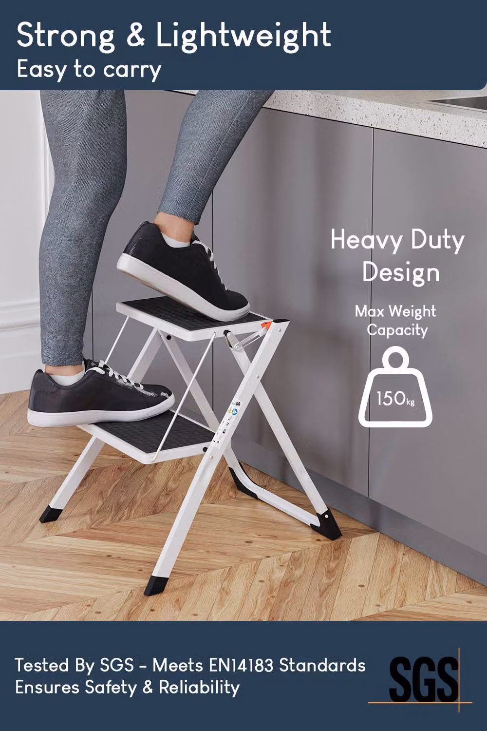 HD Designs 2 Step Folding Stool with Anti-Slip Rubber Feet in White – 5