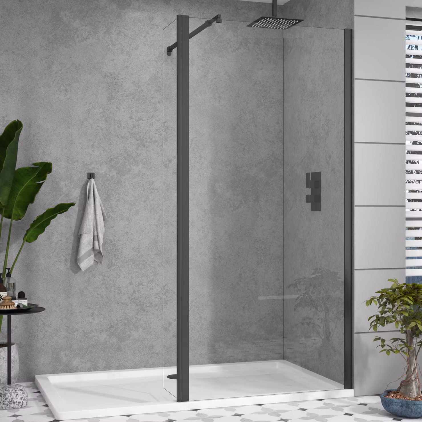 Royal Bathrooms Marbella Walk In Wet Room Shower Screen with Flipper Panel, Matt Black, 8mm Easy Clean Glass, W: 50 cm, H: 185 cm, D: 50 cm