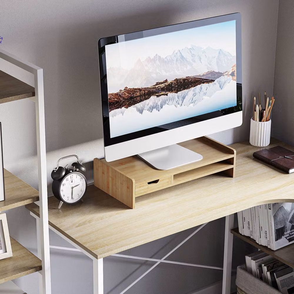 STILVORA Monitor Stand Riser with Drawer in Natural Bamboo Wood – 3