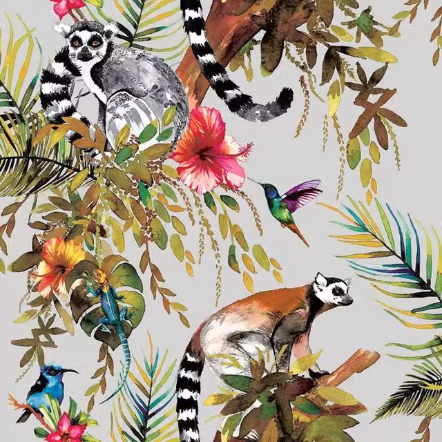 Holden Décor Lemur Animal Pattern Wallpaper in Silver and Multicolour