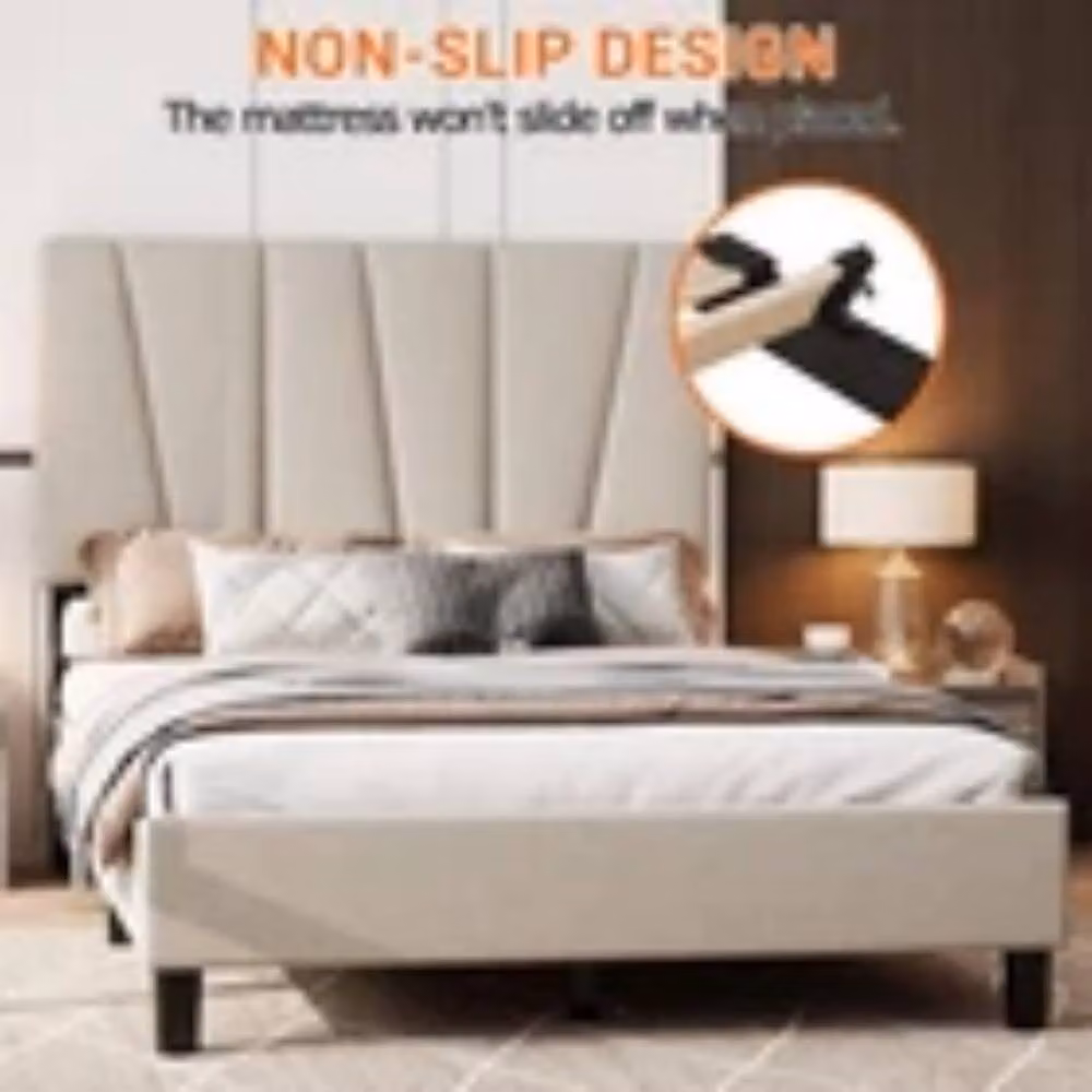 Kelvenix Double Upholstered Bed Frame in Beige with Wooden Slats and Metal Frame, 140 x 200 cm – 2