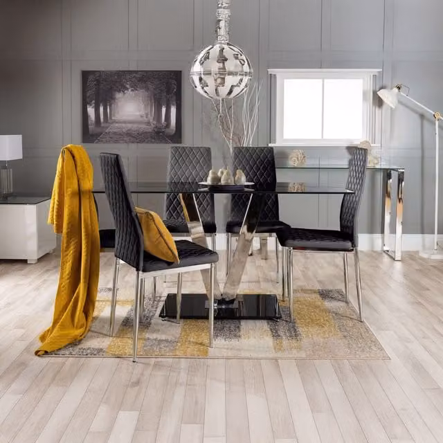 FurnitureboxUK Florini Black Glass and Chrome Metal Dining Table and 6 Milan Dining Chairs Set