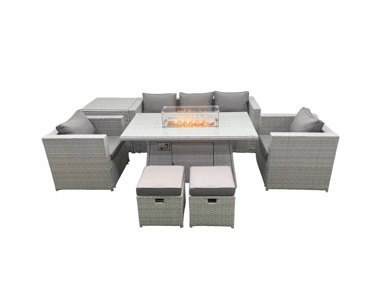 Fimous Rattan Garden Furniture Set with Gas Fire Pit, 3-Seater Sofa, Armchairs, Ottoman and Side Table in Light Grey – 2