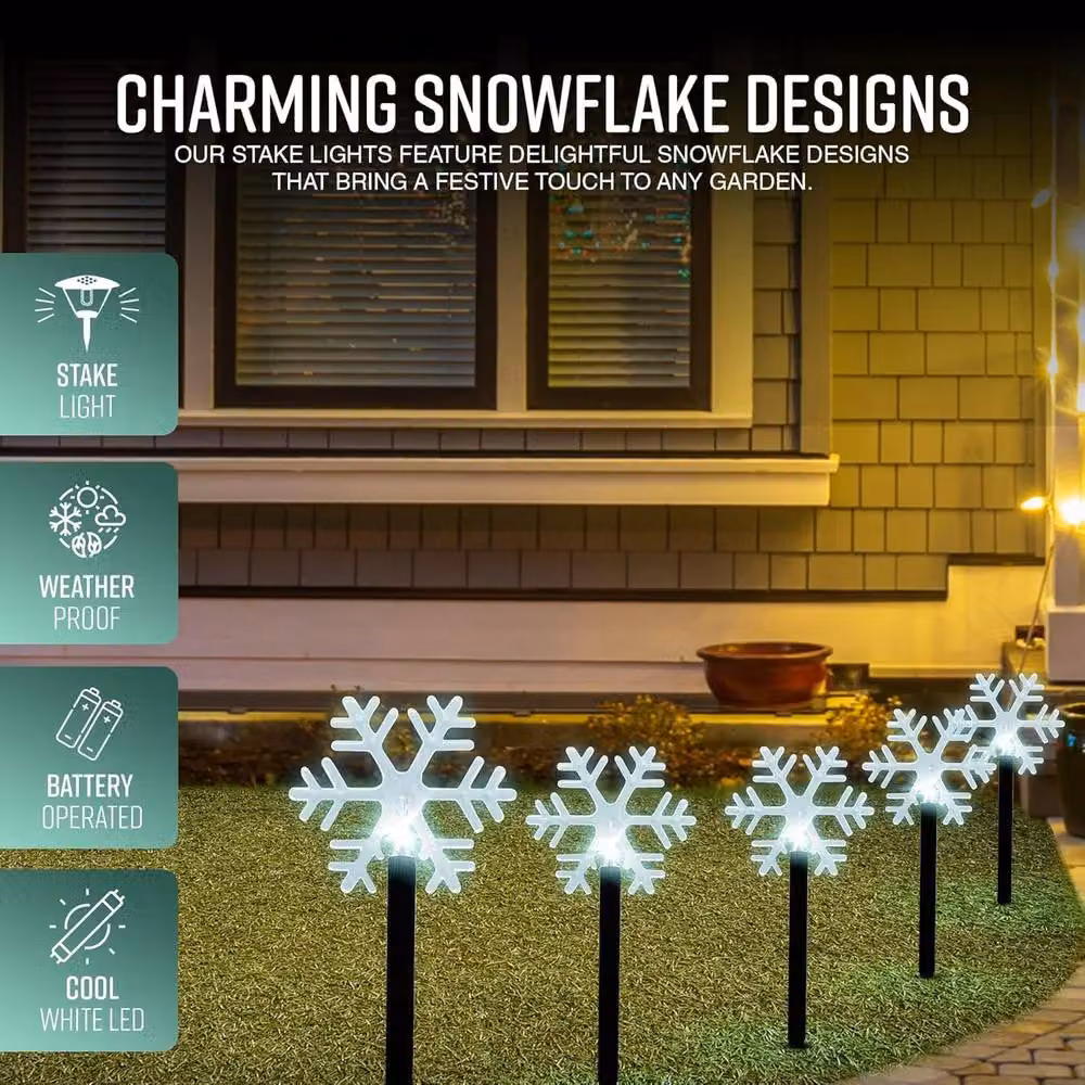 GloBrite 5 Pack Waterproof Snowflake LED Garden Christmas Lights in Cool White with 39cm Stakes – 2