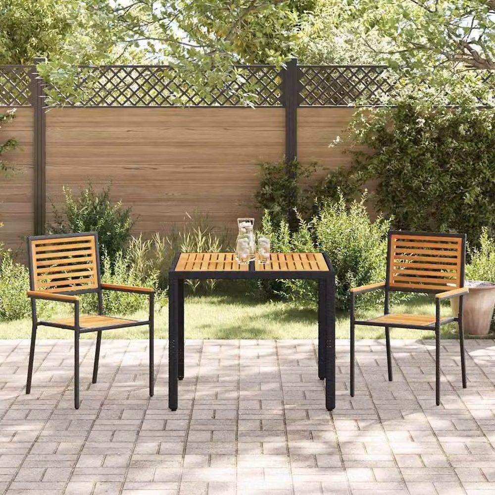 Berkfield Home 3 Piece Modern Garden Dining Set in Black Poly Rattan and Acacia Wood – 3