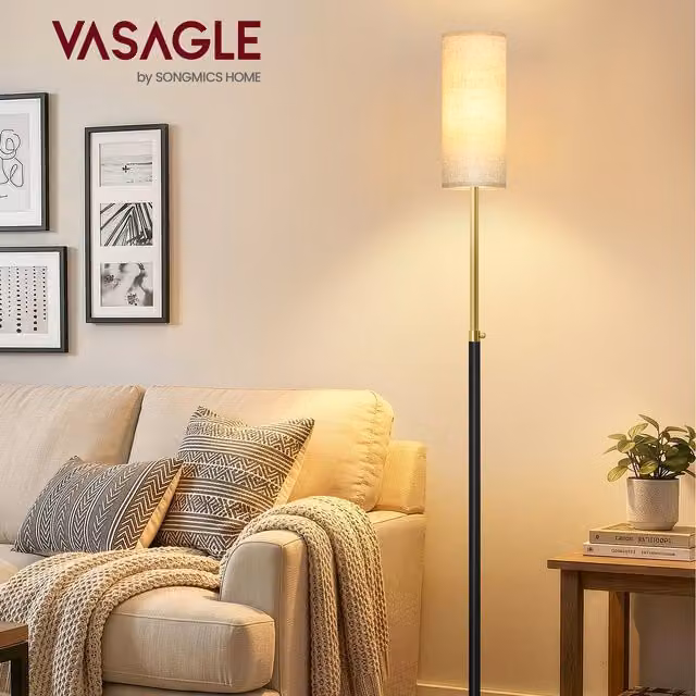 VASAGLE LED Floor Lamp with Beige Fabric Shade, Matte Black, W/D/H: 25 x 25 x 148 cm