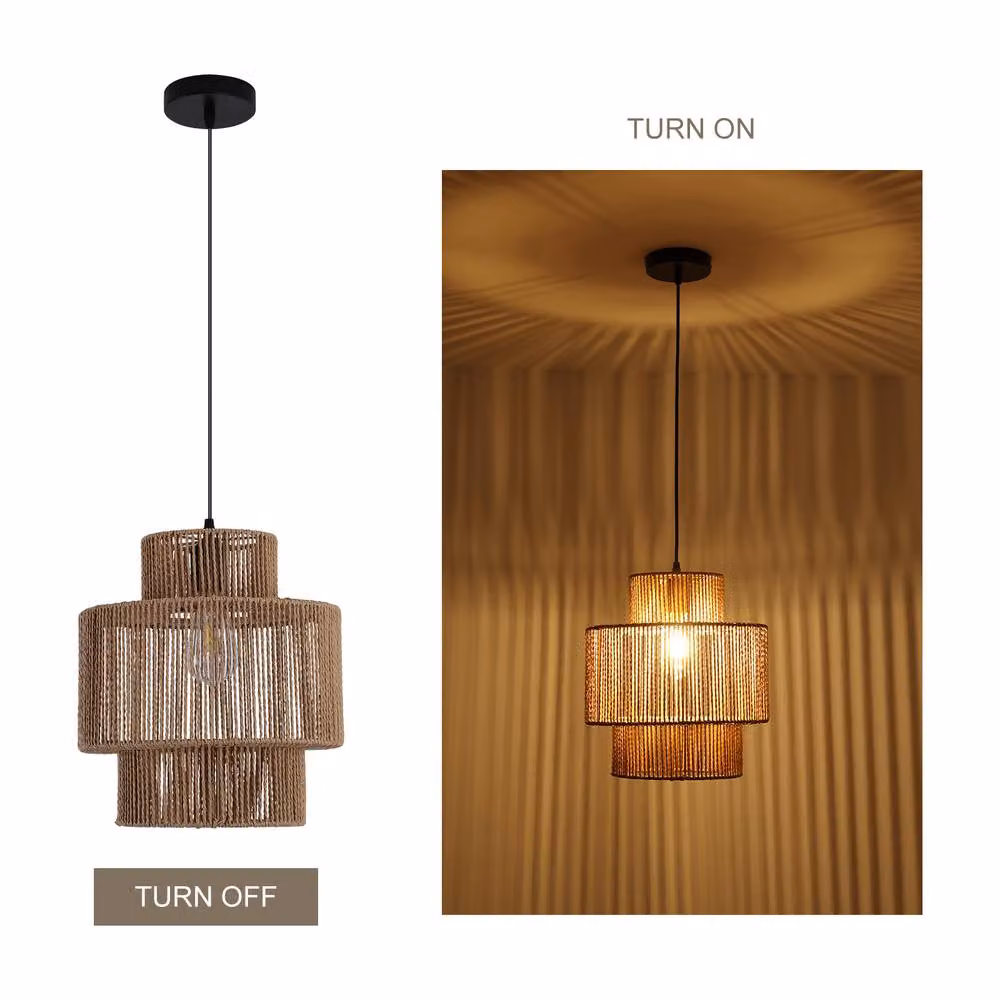 NIVOR Natural Boho Woven Rattan Pendant Light, Adjustable E27 Chandelier in Brown – 3