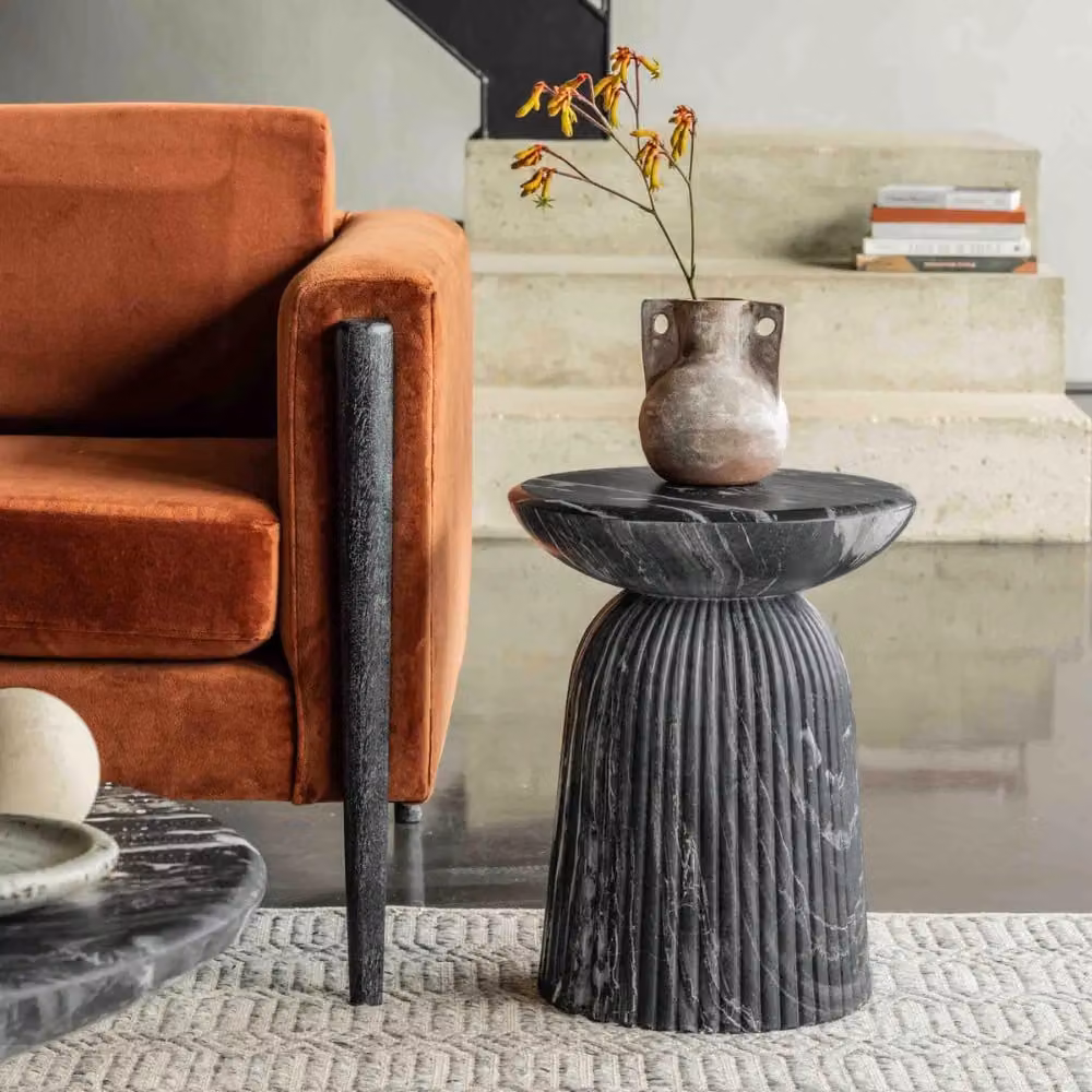 Atkin and Thyme Mason Stone Side Table and Stool in Grey and Black Matt Finish