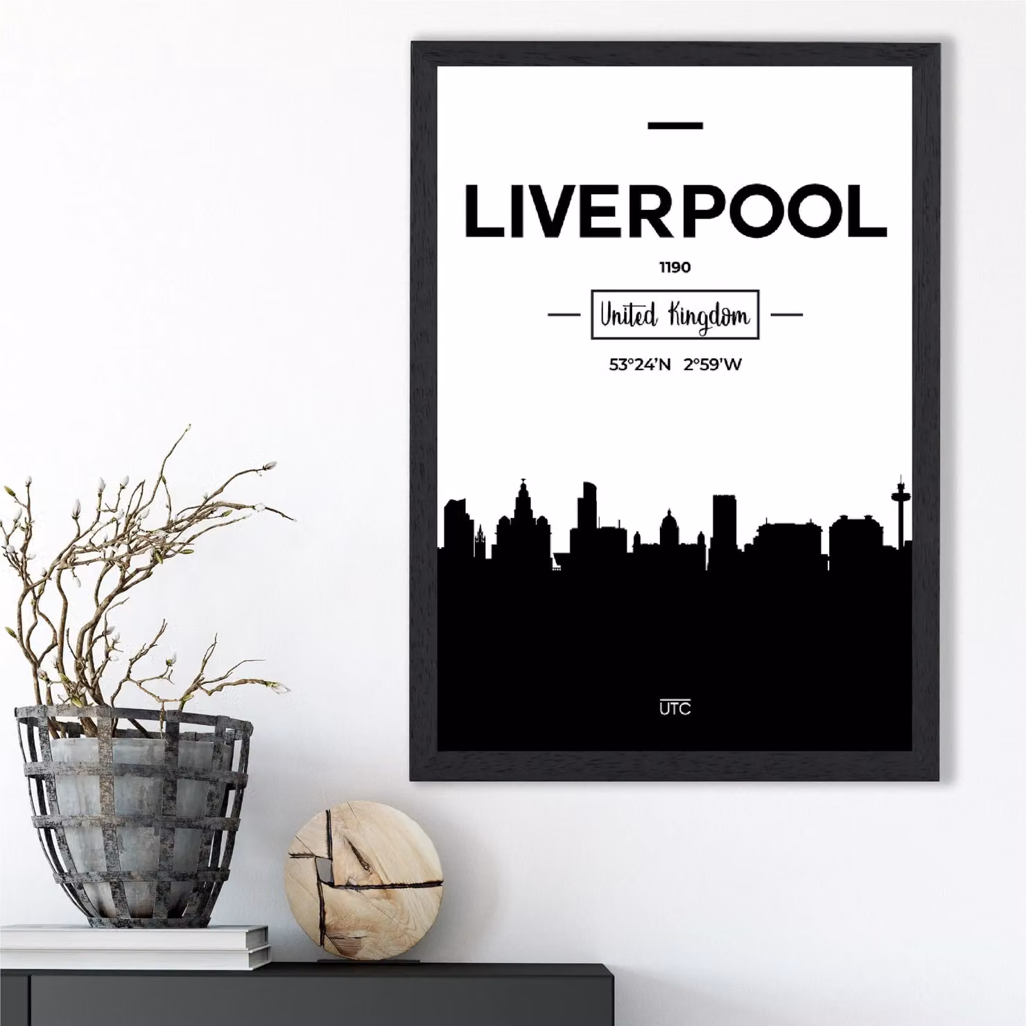 ARTZE Liverpool Black and White City Skyline Framed Print, A4 – 2