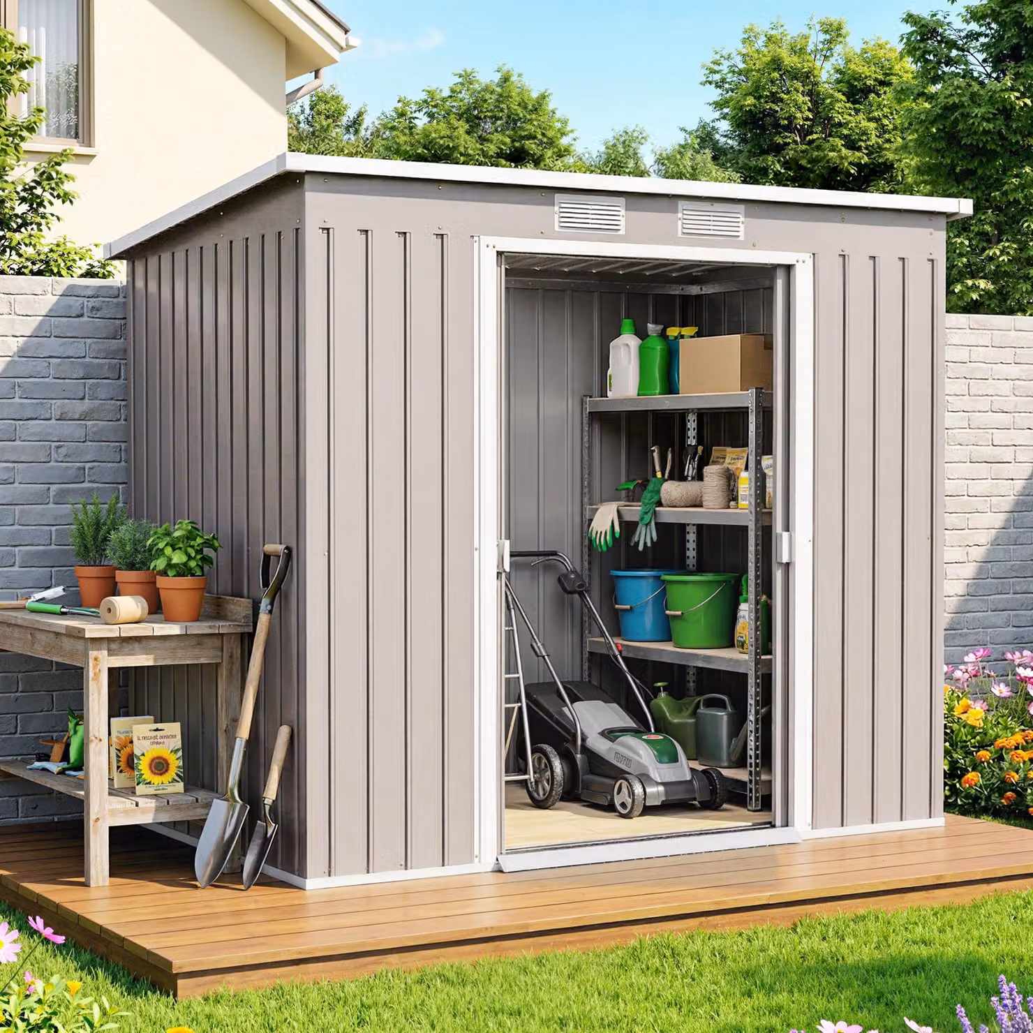 Outsunny Grey Metal Outdoor Garden Tool Storage Shed with Foundation, Double Doors, Side Vents and Sloped Roof, W/D/H: 213 x 130 x 172 cm – 2