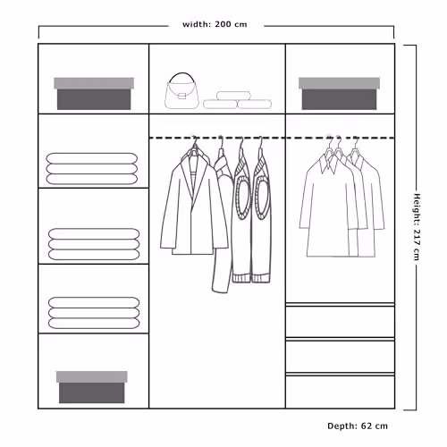 FURNITUREWAVE Full Mirror Sliding Door Wardrobe in Grey, Black and White, W/D/H: 200 x 62 x 217 cm – 3