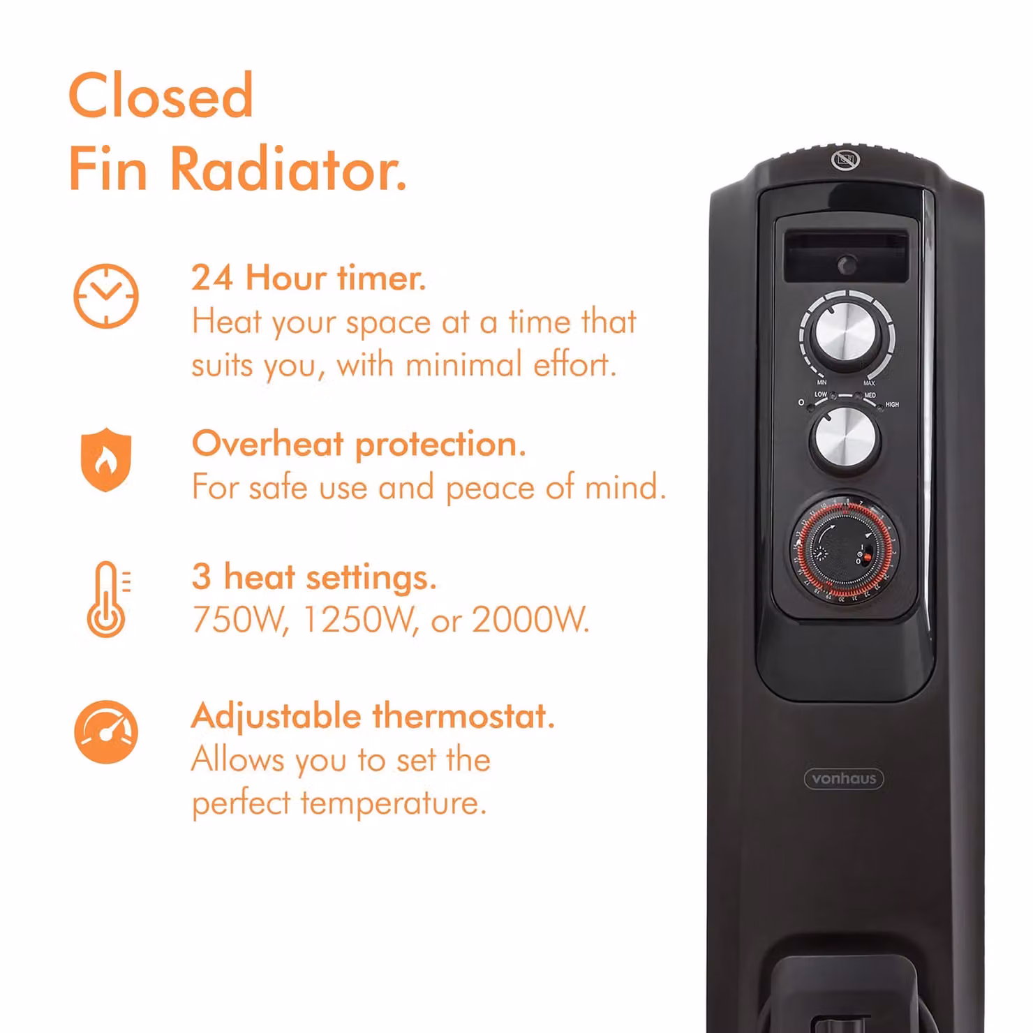 VonHaus 2000W Closed Fin Oil Filled Freestanding Radiator in Black – 5