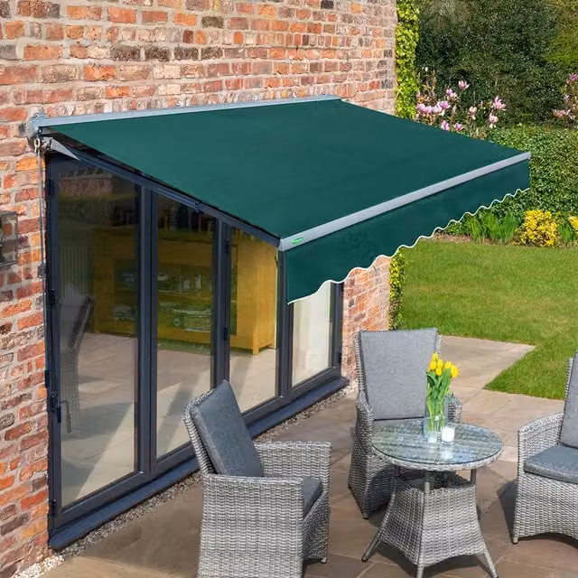 Primrose Plain Green Half Cassette Garden Patio Awning with Charcoal Aluminium Frame, Width: 250 cm
