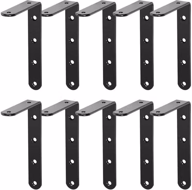 PAWNORA 10-Piece Handmade Rustic Iron Angle Shelf Brackets in Matt Black
