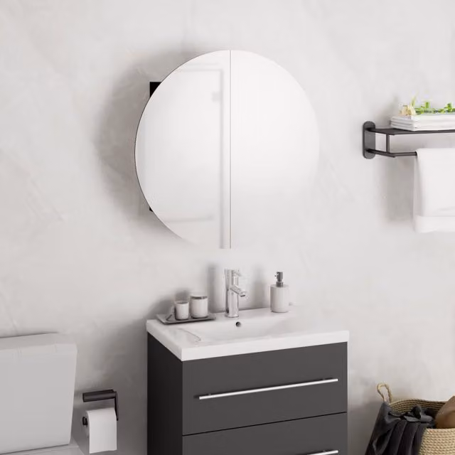 Berkfield Home Black Wall Mounted Bathroom Cabinet with LED Integrated Round Mirror, W/D/H: 40 x 40 x 17.5 cm