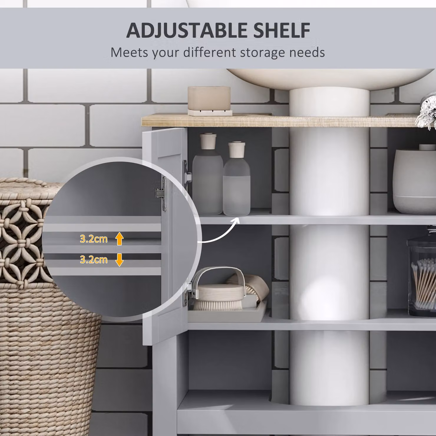 Kleankin Bathroom Under Sink Cabinet with Adjustable Internal Shelves and Hinged Doors, White and Grey – 3
