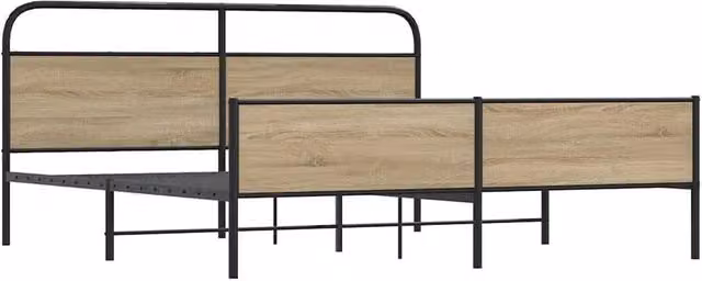 Berkfield Home Metal and Wood Bed Frame in Smoked Oak Brown, W/D/H: 150 x 200 cm – 1