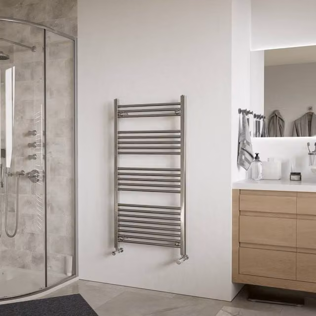 Bathroom Kingdom Luna Chrome Straight Heated Towel Rail, Silver, H: 115 cm, W: 60 cm, D: 11.5 cm
