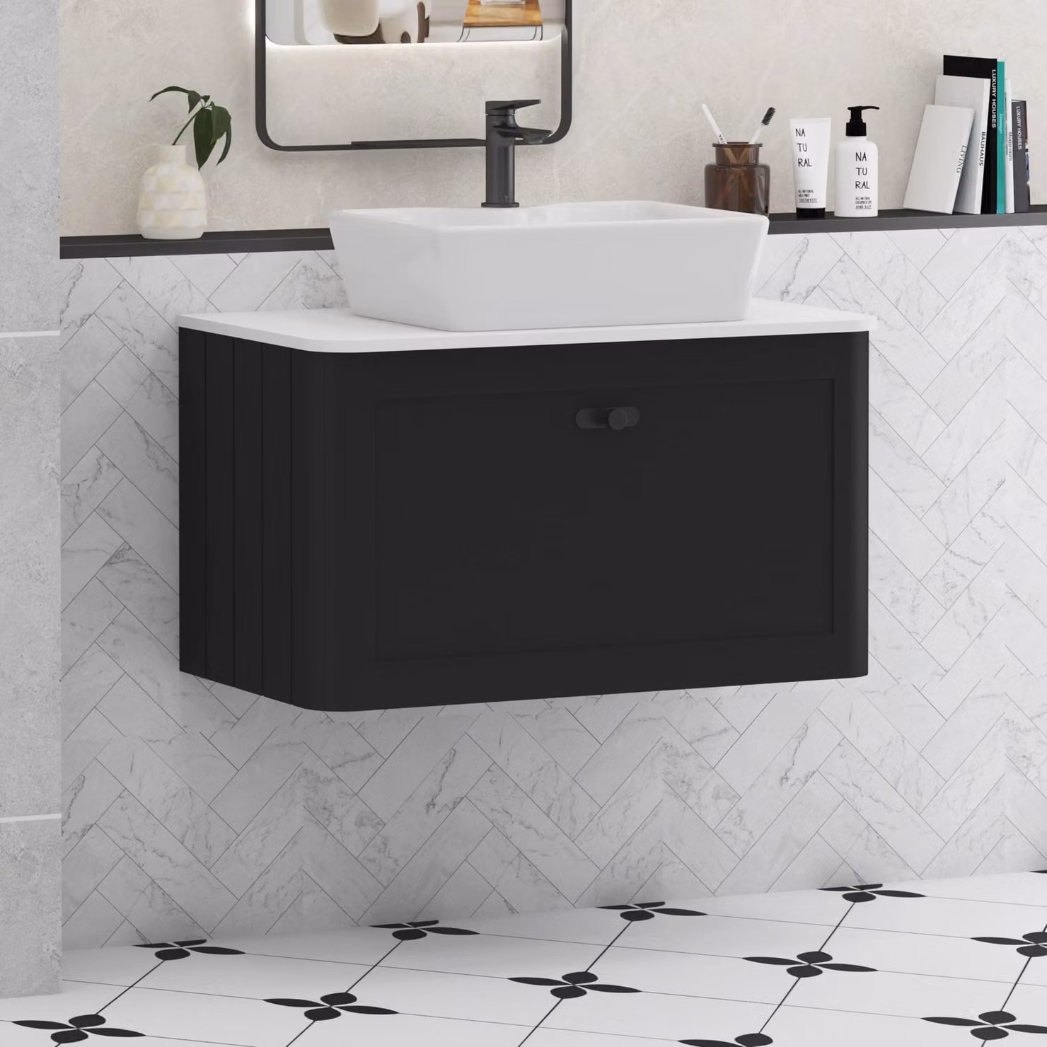 Royal Bathrooms Henley 800mm Wall Hung Vanity Unit in Matt Nocturne Black with Plain White Worktop, Cube Basin and Matt Black Knob