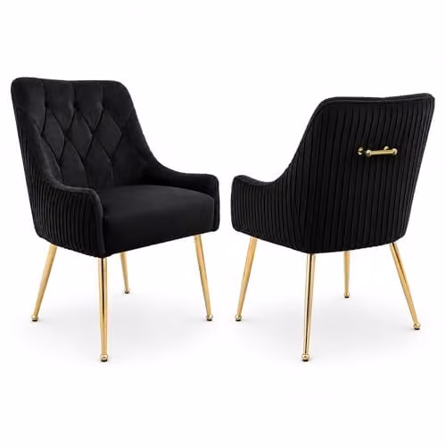Hygrad Built to Survive Set of 2 Modern Upholstered Velvet Dining Chairs with Gold Metal Legs in Black