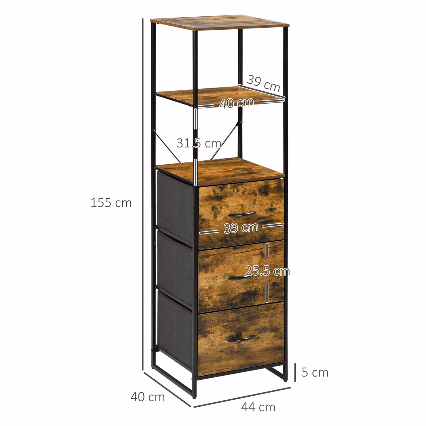 HOMCOM Industrial-Style Tall Bookshelf with 2 Open Shelves and 3 Foldable Fabric Drawers in Rustic Brown and Black – 3