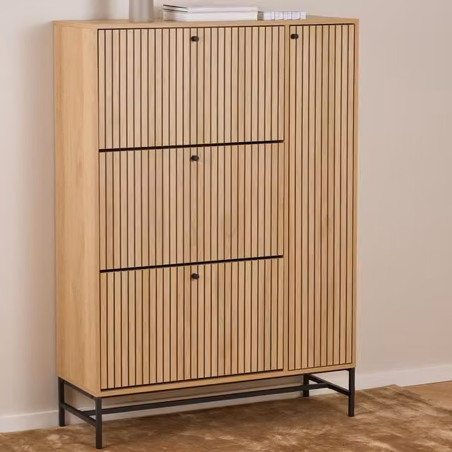 Furniture To Go Albany Shoe Cabinet in Oak and Black with 3 Flip Down Doors and 1 Pull Open Door