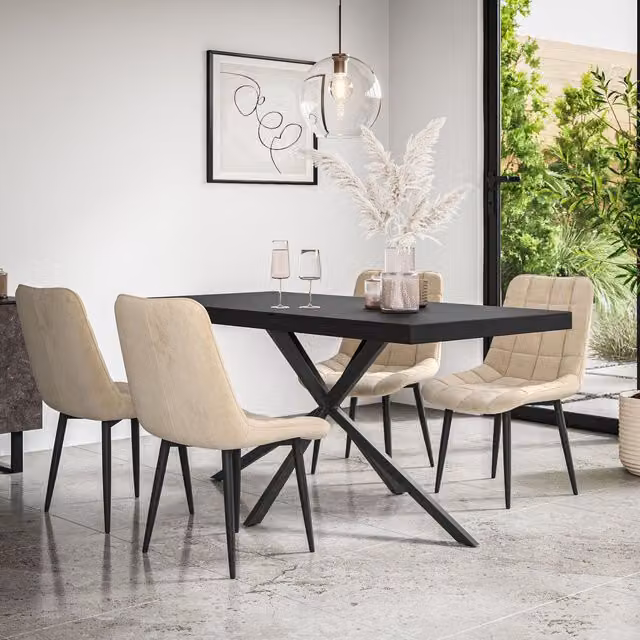 More4Homes Donni Dining Table and Nova Velvet Dining Chair Set, Black Table with 6 Beige Chairs – 1