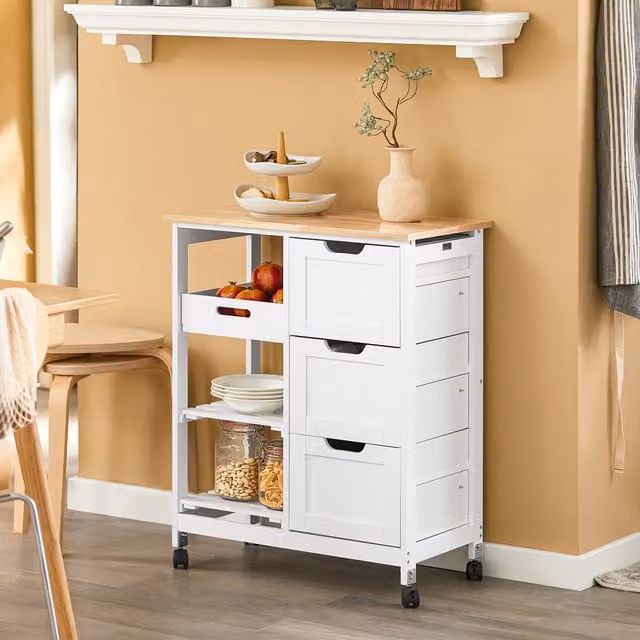 SoBuy Modern White Kitchen Trolley with 3 Drawers and Removable Tray made from Lacquered MDF and Rubberwood