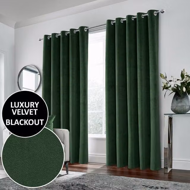 Enhanced Living Green Velvet Blackout Eyelet Curtains, Thermal Insulating, Width: 117 cm, Height: 137 cm