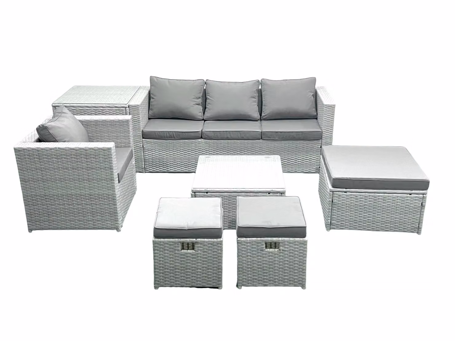 Fimous Garden 7 Seater Rattan Outdoor Furniture Set in Grey with Upholstered Cushions, Lounge Armchair, 3 Seater Sofa, Ottoman and Coffee Table – 2