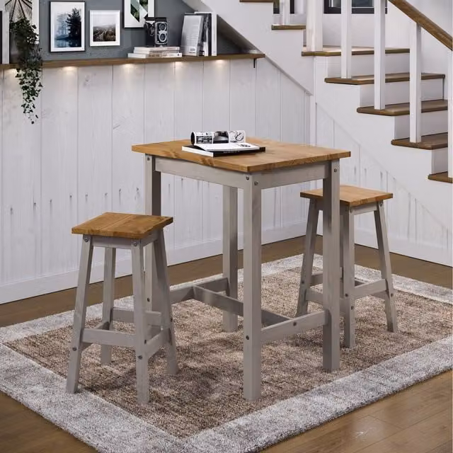 Corona Grey Live Edge Rectangular High Breakfast Bar Table and Stool Set with Grey Washed Wax Finish