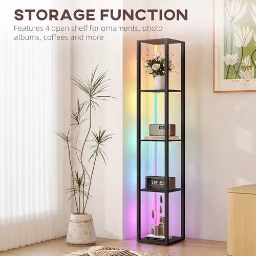 HOMCOM RGB LED Floor Lamp with Shelves and Remote Control, Black – 3