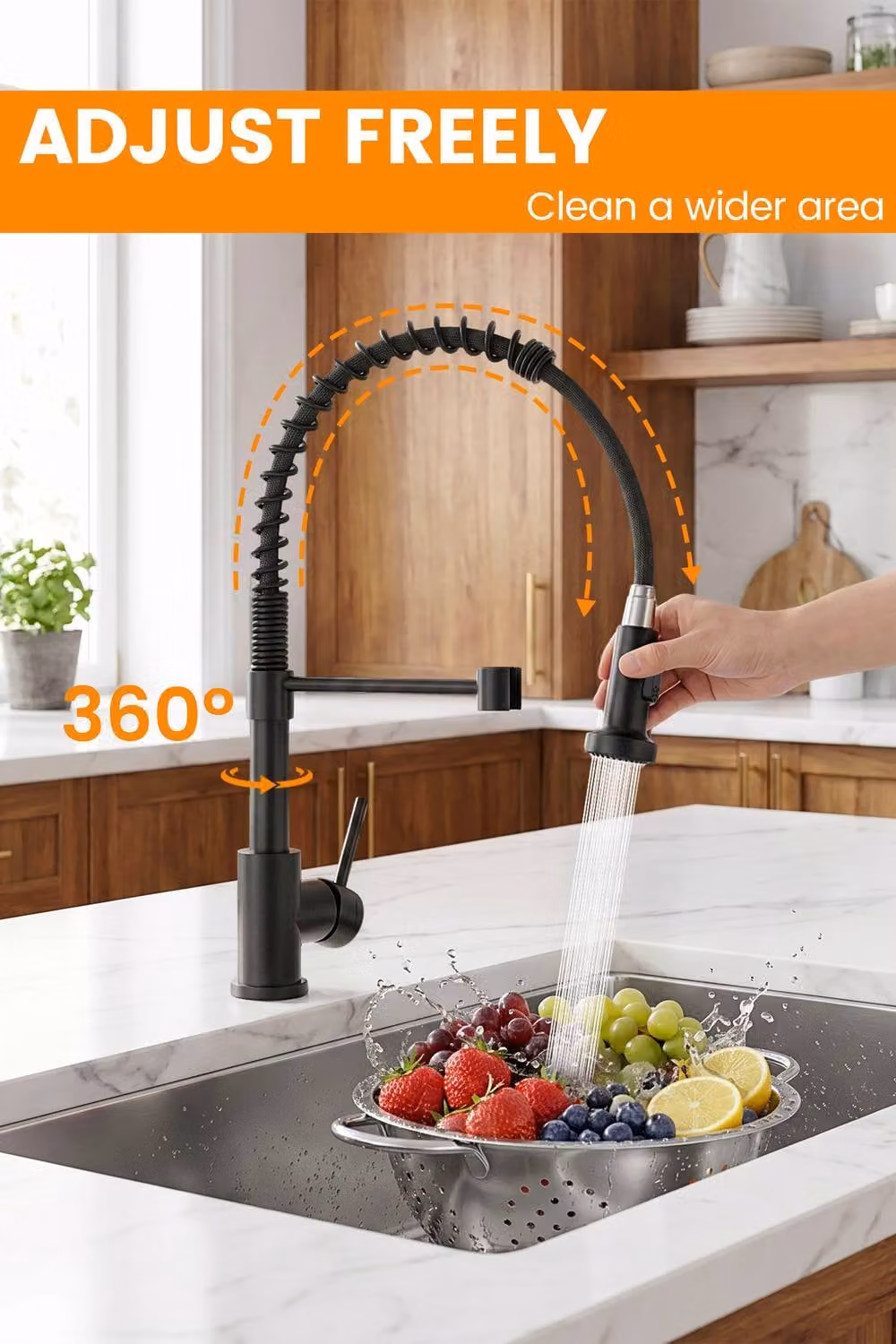 JANLEMNY Matte Black Kitchen Mixer Tap with Pull-Out Spray and 360 Degree Swivel Spout – 4