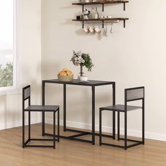 HOMCOM 3 Piece Grey Dining Table and Chairs Set with Metal Frame and MDF Tops